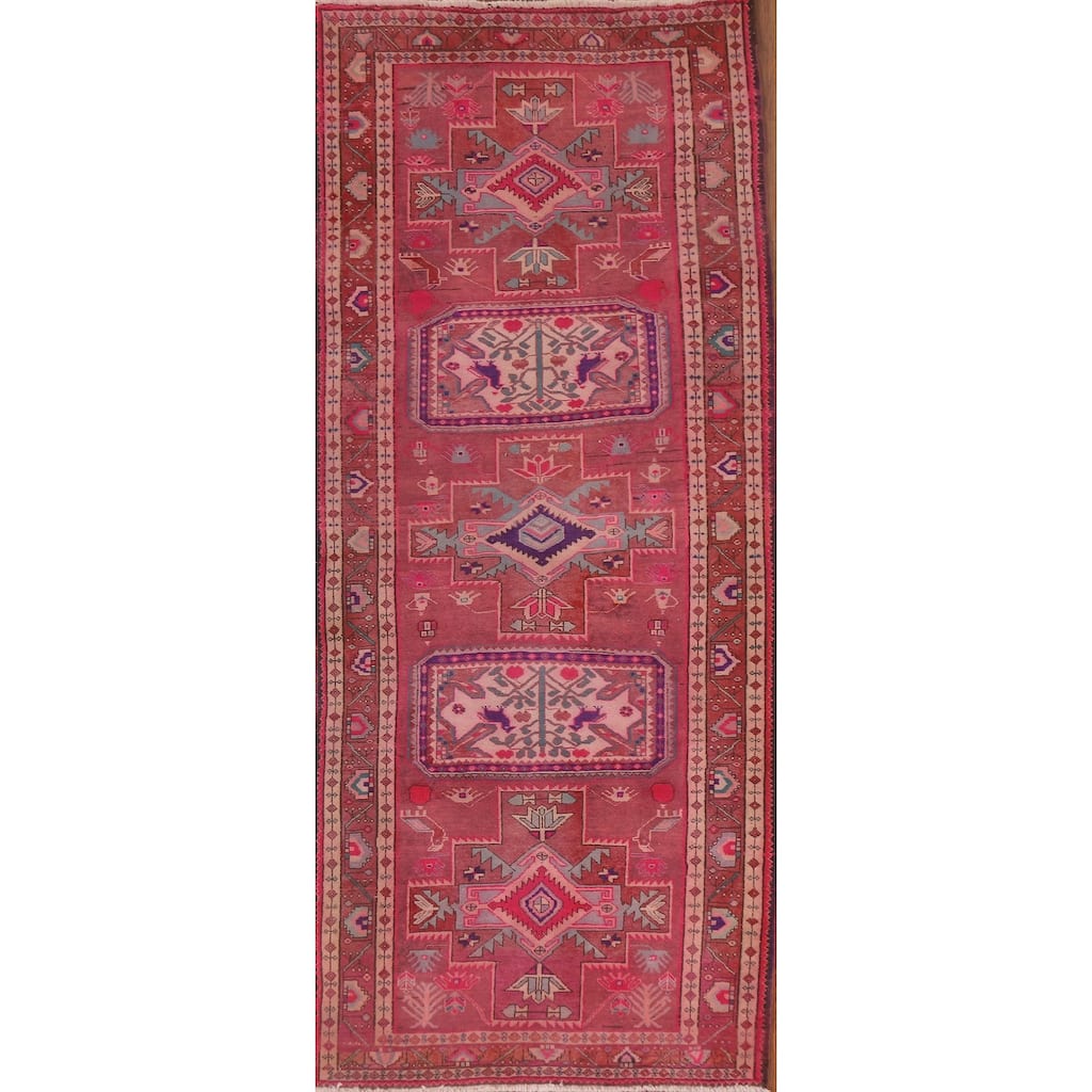 Hand Knotted Oriental 100% Wool Carpet Traditional Geometric Pink Ardebil Runner Rug - 10' 11'' X 4' 6''