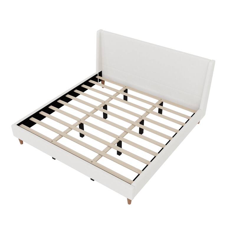 Velvet Upholstered Wingback Bed Frame with Headboard and Walnut Wooden Legs, No Box Spring Needed Low Profile Platform Bed