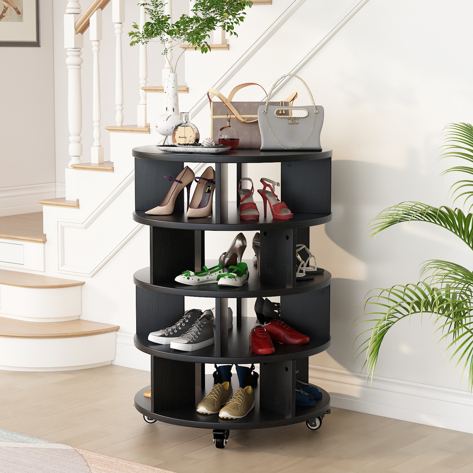 Mieres 4 Tier Round Rotating Shoe Rack Wood Shoe Organizer with Castors for Entryway Bedroom and Cloakroom On Sale Bed Bath Beyond 39721971