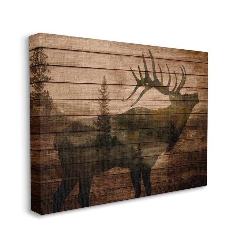 Stupell Forest Elk Silhouette Rustic Plank Pattern Tree Landscape Canvas Wall Art - Brown