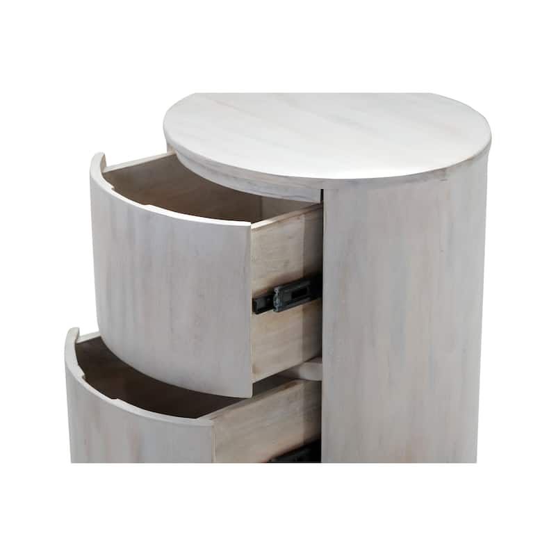 HomeRoots 24" White Solid Wood Round Drum End Table With Two Drawers - 18 in. x 24 in. x 18 in.
