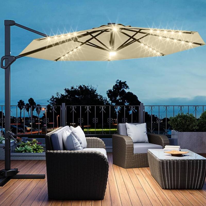 10FT Outdoor Patio Cantilever Umbrella with LED for Garden Pool Deck BackYard - Beige