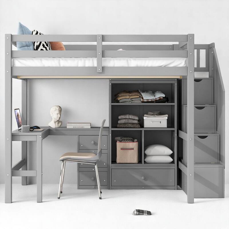 Space-Saving Full Loft Bed with Storage Stairs, Desk, Drawers & Cabinet - Solid Pine & MDF Construction - Grey - Full