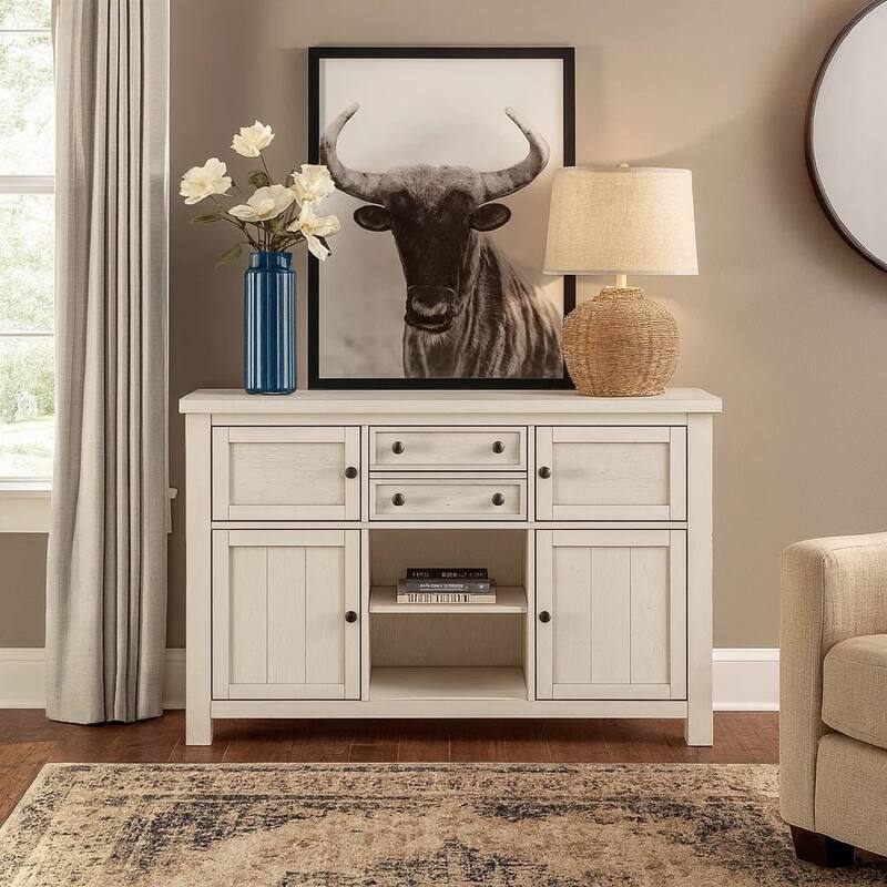 Fleur Dining Room Server with 4 Cabinets, Antique White Wood, 56 Inch