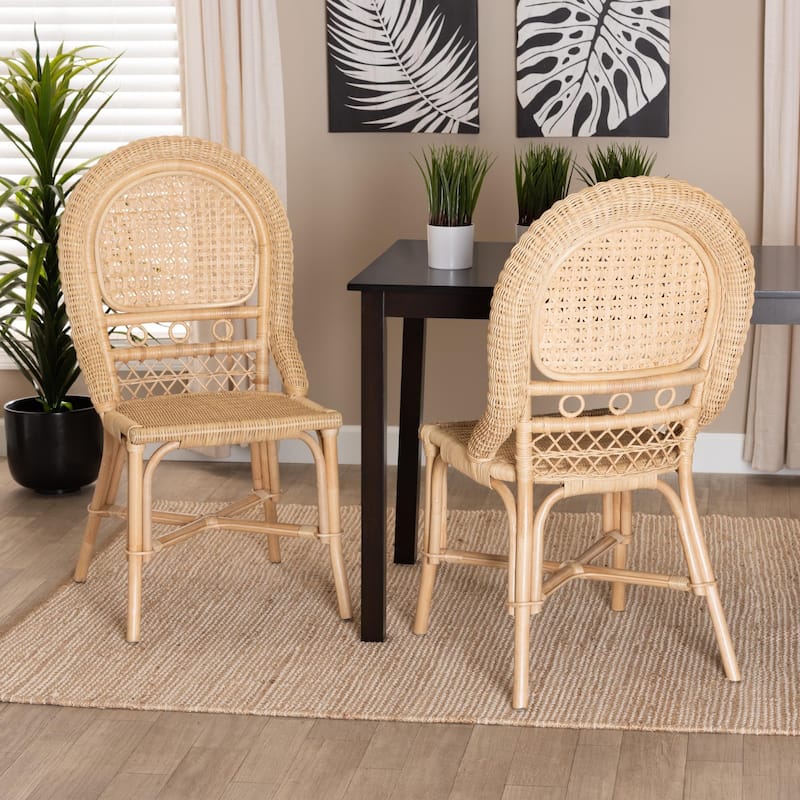 Jelita Modern Bohemian Natural Brown Rattan 2-Piece Dining Chair Set