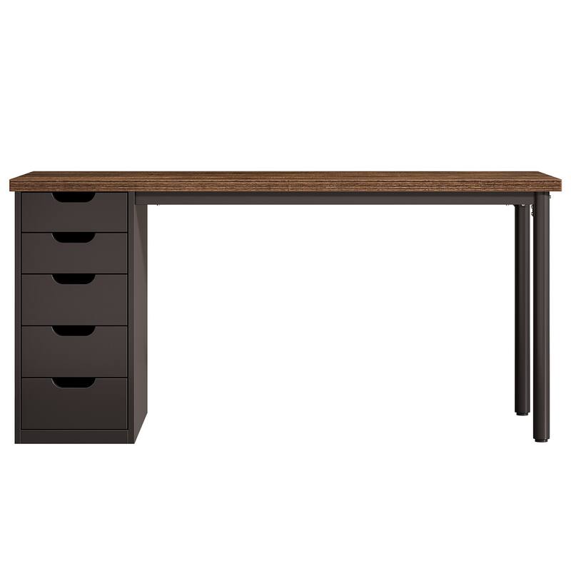 47" Computer Desk with 5 Drawers & Reversible Cabinet, Rustic Brown & Black