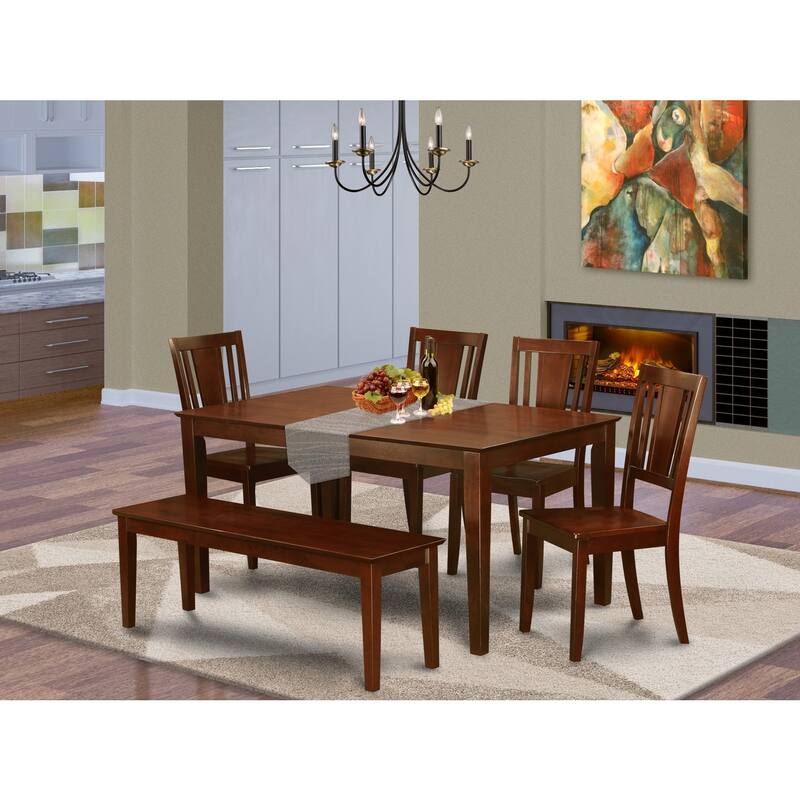 HomeStock 6-Piece Rectangle Mahogany Finish Solid Wood Top Dining Table with 1 Bench, 4 Chairs
