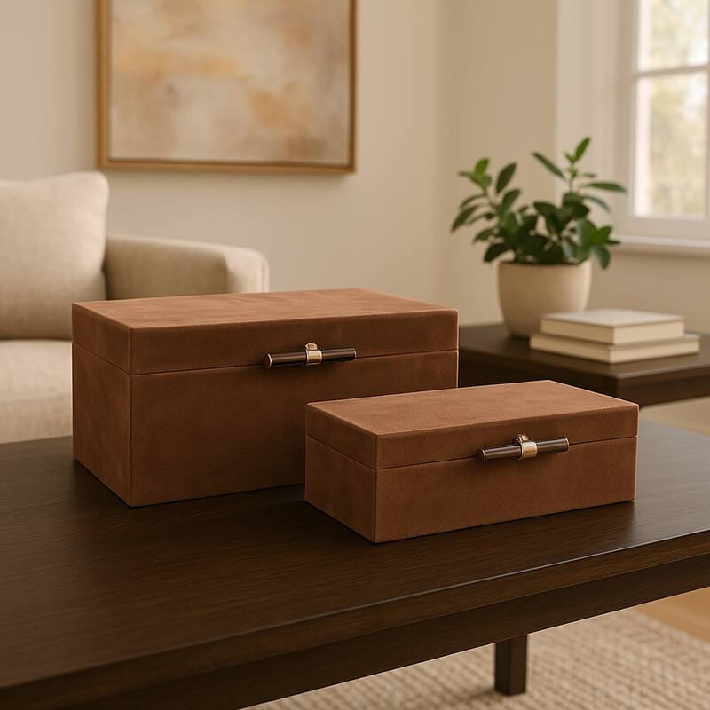 Decorative Retangular Suede Box with Lid - Set of 2, 14", Brown - 14.0" - Brown - 14.0"
