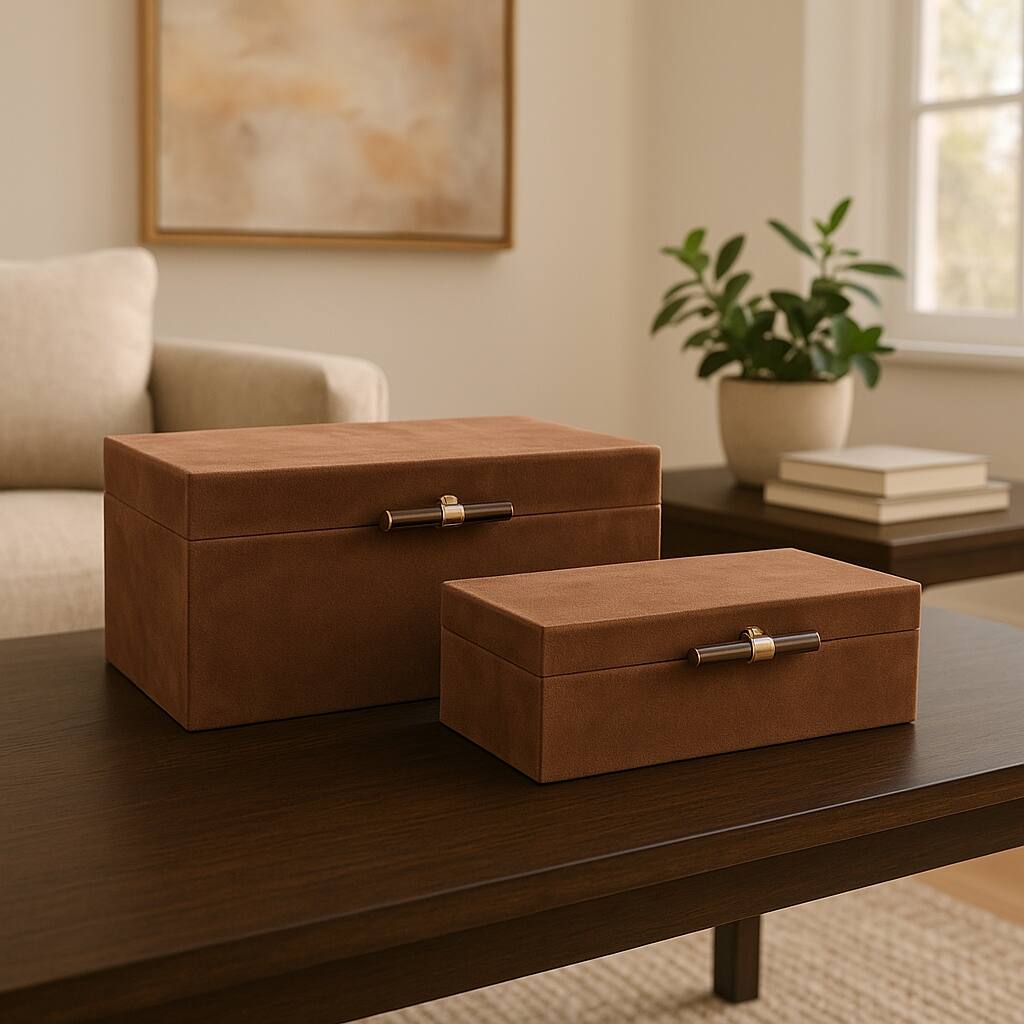 Decorative Retangular Suede Box with Lid - Set of 2, 14", Brown - 14.0"