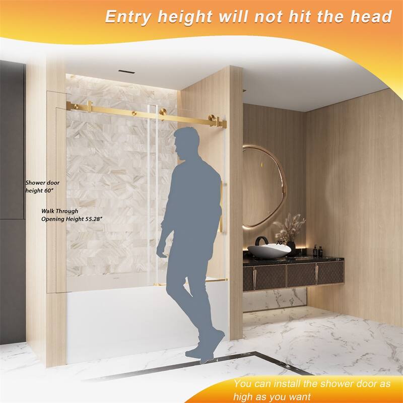 Frameless Single Sliding Shower Door 56-60 "W x 60" H,1/4 "(6 mm)
