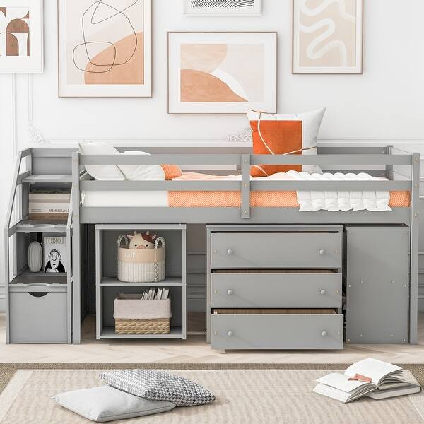 slide 2 of 9, Gray Solid Wood Loft Bed with Retractable Desk, Storage Stairs, Storage Drawers, and Shelves