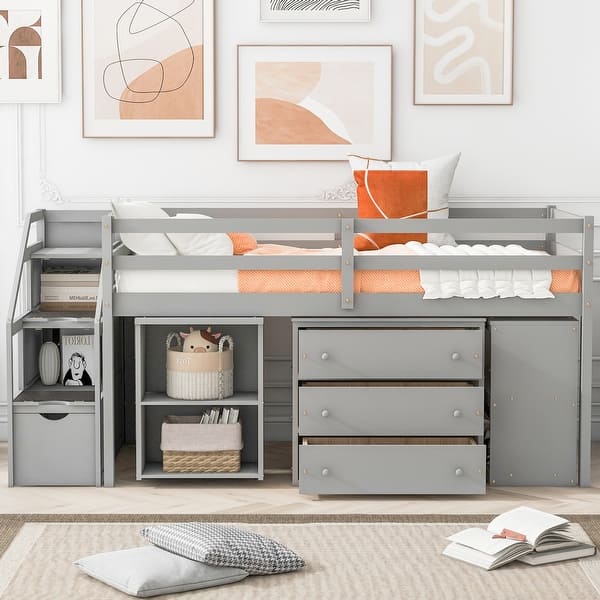 slide 2 of 45, Loft Bed with Retractable Writing Desk and 3 Drawers, with Storage Stairs and Shelves Twin Gray