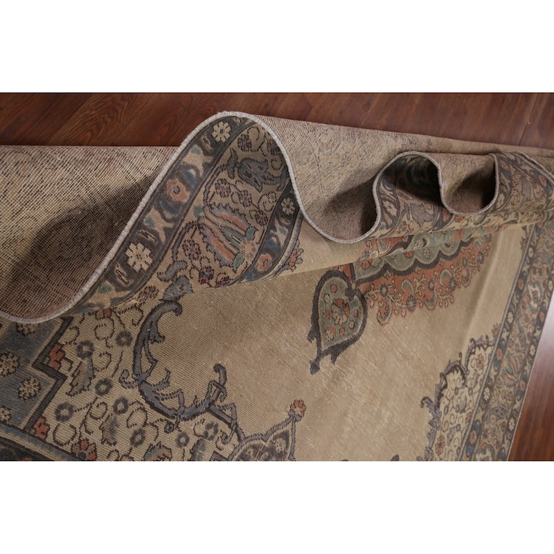 Distressed Tabriz Persian Vintage Area Rug Handmade Beige Wool Carpet - 7'10" x 11'1"