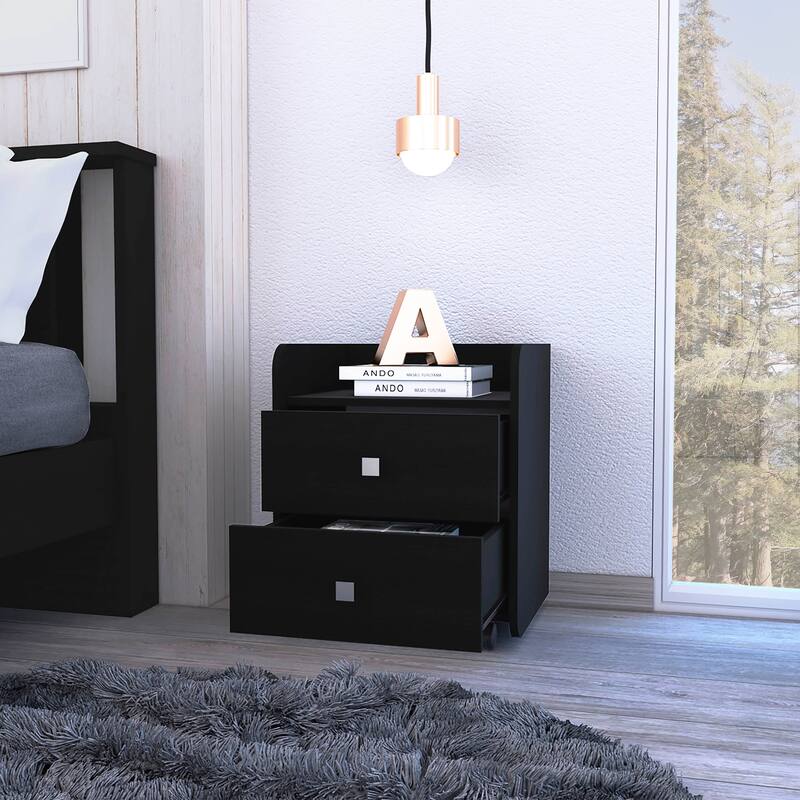 Modern Black Nightstand with Two Drawers & Metal Handle, 22 Inch Height