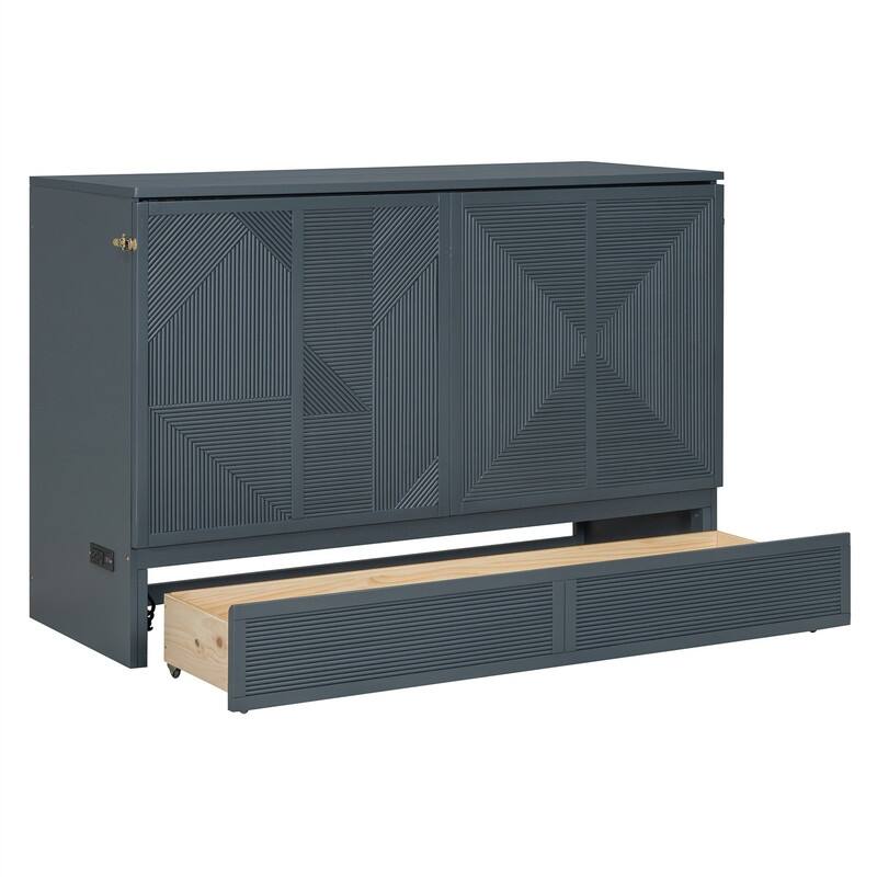 Full/Queen Size Murphy Bed with a Large Storage Drawer, Modern Wall Bed Foldable Murphy Cabinet Bed with USB Ports and Outlets