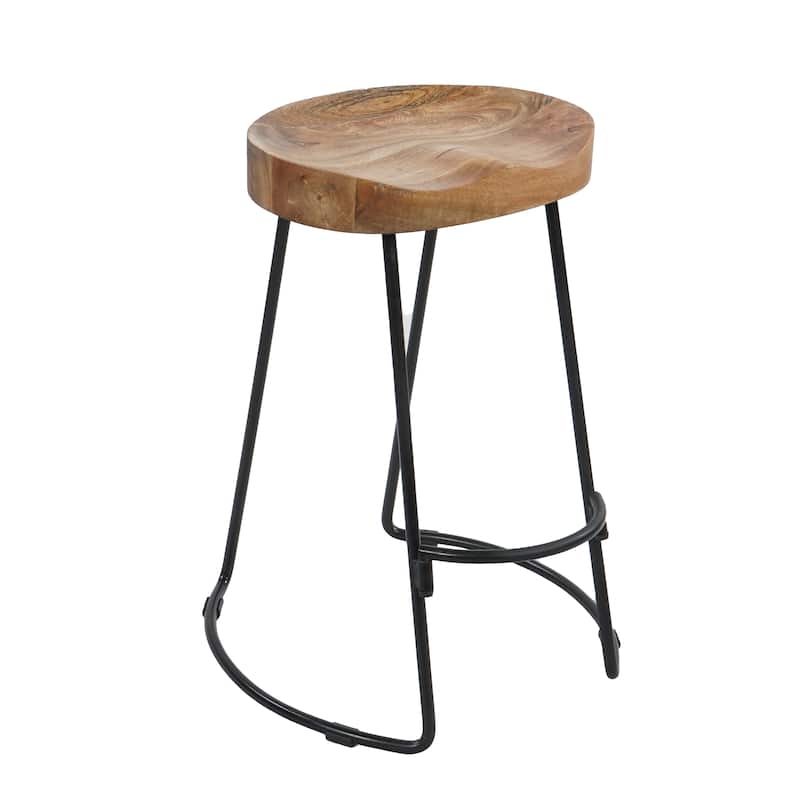 30 Inch Handcrafted Backless Counter Height Barstool Natural Brown Mango Wood Saddle Seat Black Iron Base