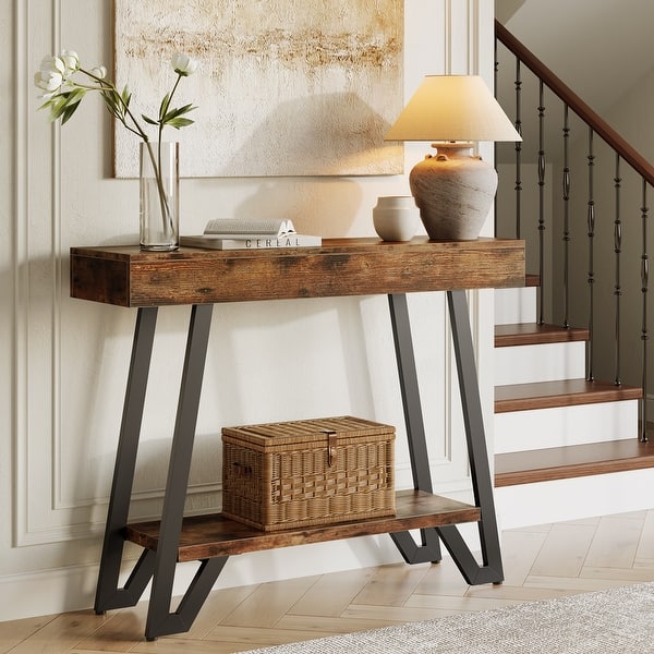 slide 2 of 8, 40.5 Inches Small Narrow Console Table with 2-Tier Storage Shelf - 40.5" W x 11.81" D x 31.5" H Rustic Brown