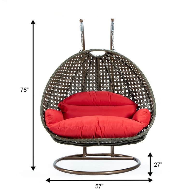 LeisureMod 2-Person Hanging Egg Swing Chair with Metal Stand - Handcrafted Beige Wicker, Patio Hammock Lounger with Cushions