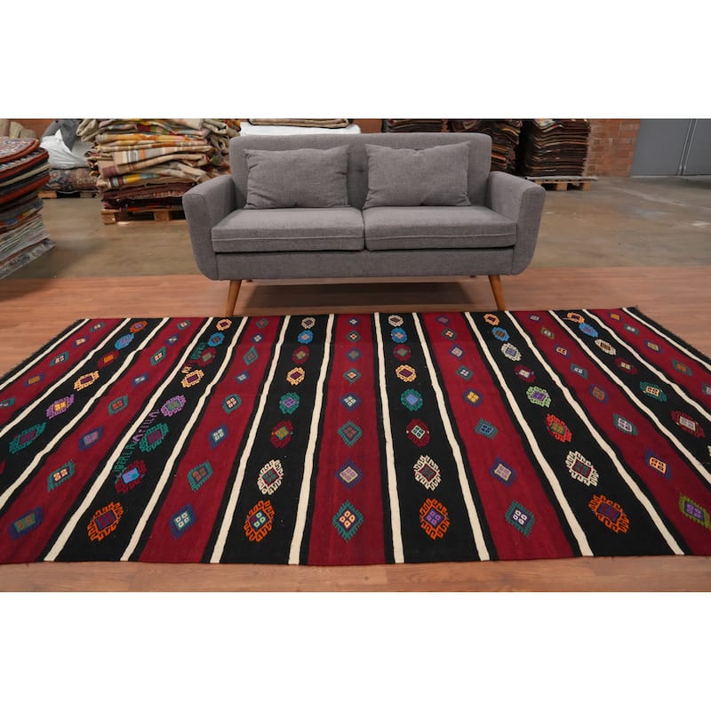 Hand Woven Oriental 100% Wool Carpet Southwestern Tribal Red Kilim Area Rug - 9' 4'' X 5' 4''