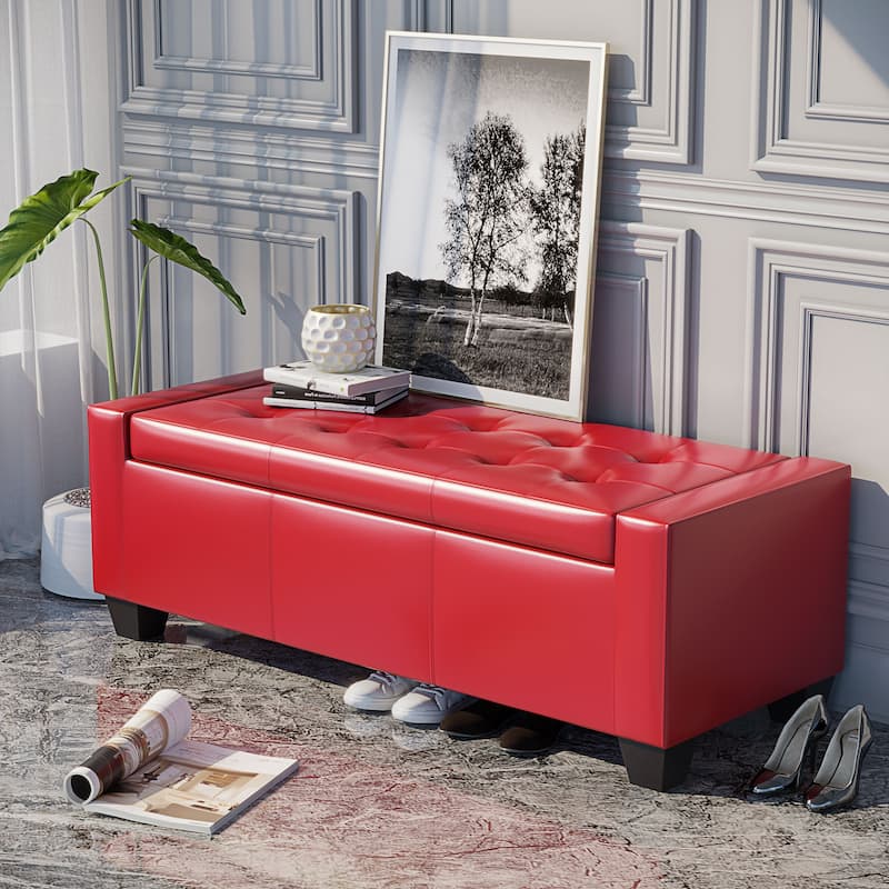 Faux Leather Storage Ottoman Bench with Soft Foam Seat and Hidden Storage for Living Room - 50.5" L x 19.75" W x 17.75" H