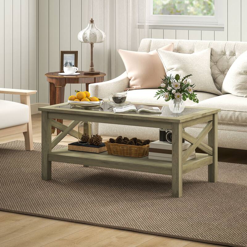 Coffee Table with Tempered Glass Top and Storage Shelf Modern Living Room Furniture - 39.25'' L x 21.75'' W x 17.75'' H