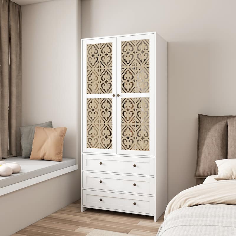 Two Door Wardrobe with 3 Drawers, Hollow Pattern Design in Wood & White Finish