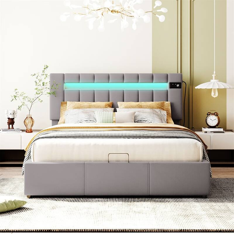 Merax Upholstered Hydraulic Storage Bed with LED light, Bluetooth Player and USB Charging
