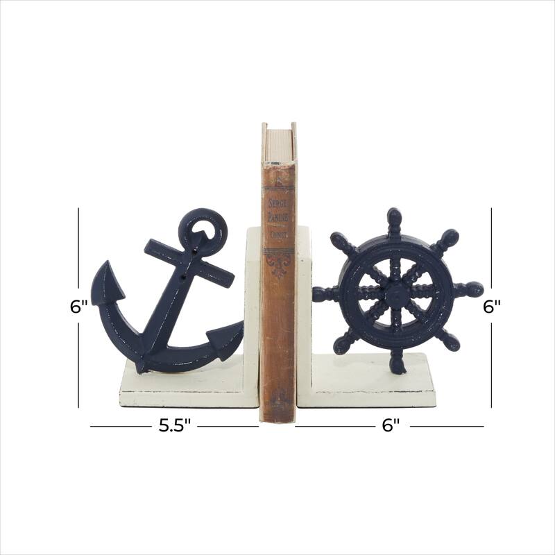 Blue Metal Anchor and Ship Wheel Decorative Bookends (Set of 2)