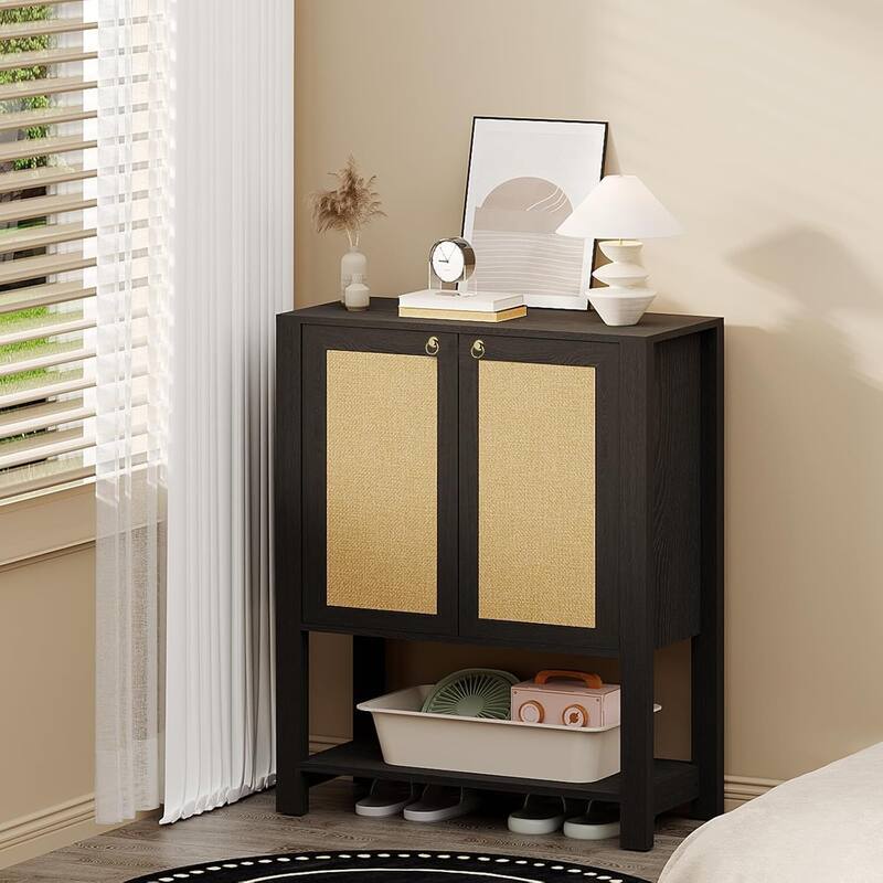5-Tier Farmhouse Rattan Shoe Storage Cabinet for Entryway Foyer Hallway