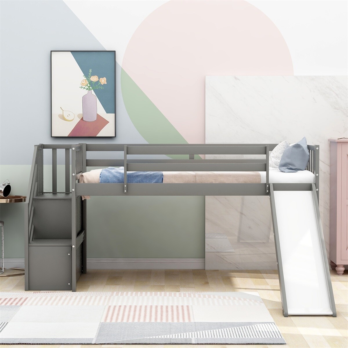 Merax Twin Low Loft Bed With Slide And Storage Staircase For Kids Overstock 31762906 Grey