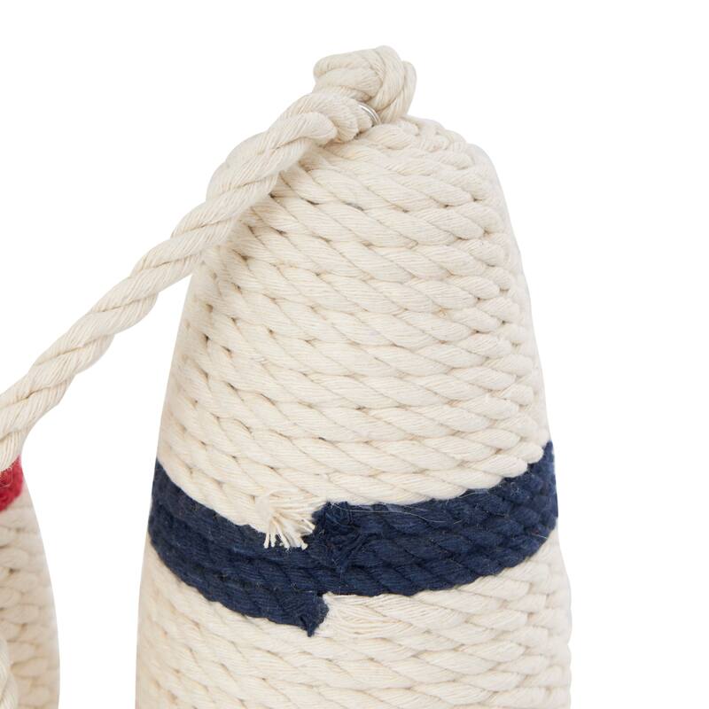 White or Brown Wood Handmade Coiled Striped Rope Buoy Sculpture with Joined Hanging Handle (Set of 2)