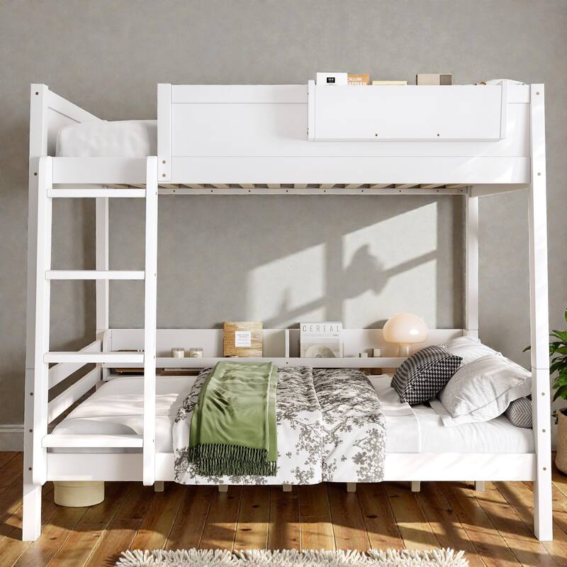 Wooden Bunk Bed Frame with Built-In Storage Shelves, Convertible to Two Beds, No Box Spring Needed - White - Full