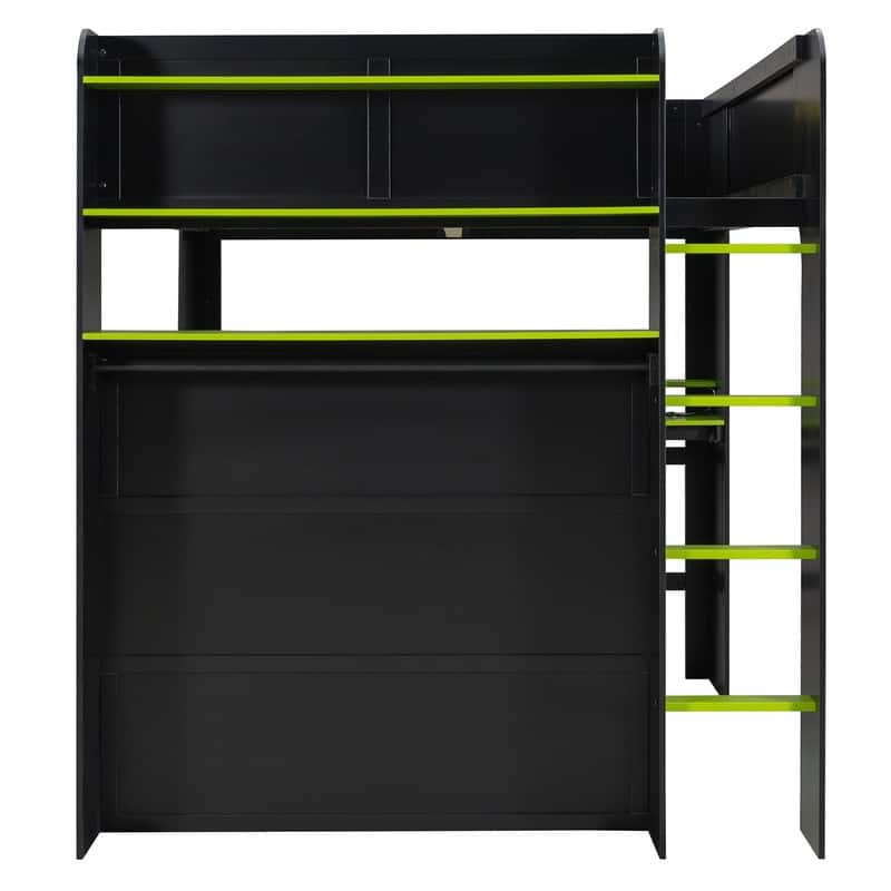 Full Size Wood Bunk Bed with height-adjustable Desk,Wardrobe and RGB Light