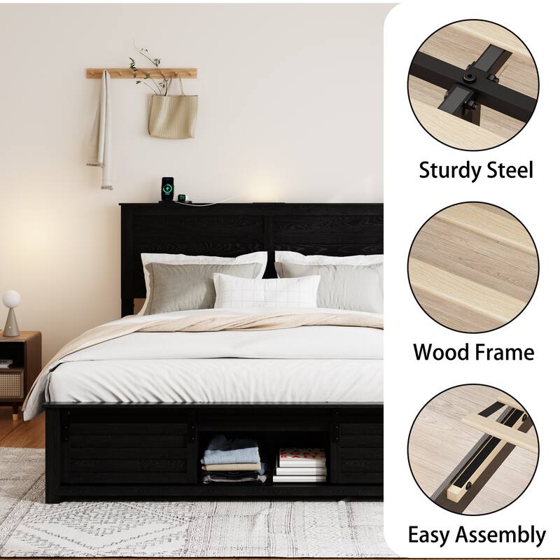 Roomfitters Bed Frame with Upholstered Headboard, Storage Headboard, Charging Station, Wood Platform