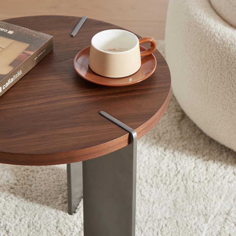 20" Round Coffee Table Sofa Side Table Small Accent Table with Walnut Wood Surface and Black Metel Feets