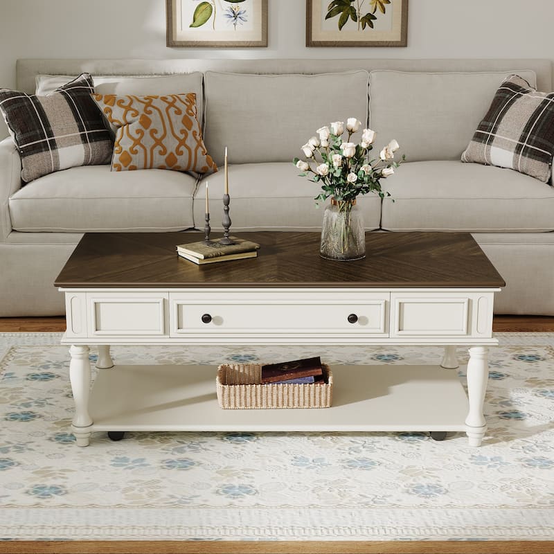 Farmhouse Coffee Table with Drawer, Easy-Assembly Retro Cocktail Table with Wheels, Rustic Center Table for Living Room‌ - Grey+White