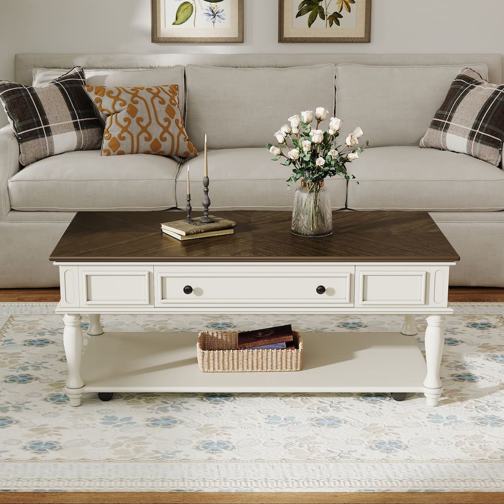 Grey White Coffee Table Center Table with Drawer, Farmhouse Side Table Sofa Side Table with Bottom Shelf