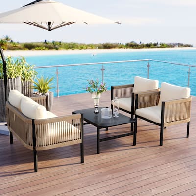 Durable Outdoor Sofa Set with PE Wicker and Iron Frame Featuring Tempered Glass Table Beige for Garden