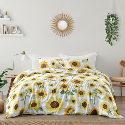 Sweet Jojo Designs Yellow Green White Boho Floral Sunflower Girl 3pc Full Queen-size Comforter Set - Farmhouse Watercolor Flower