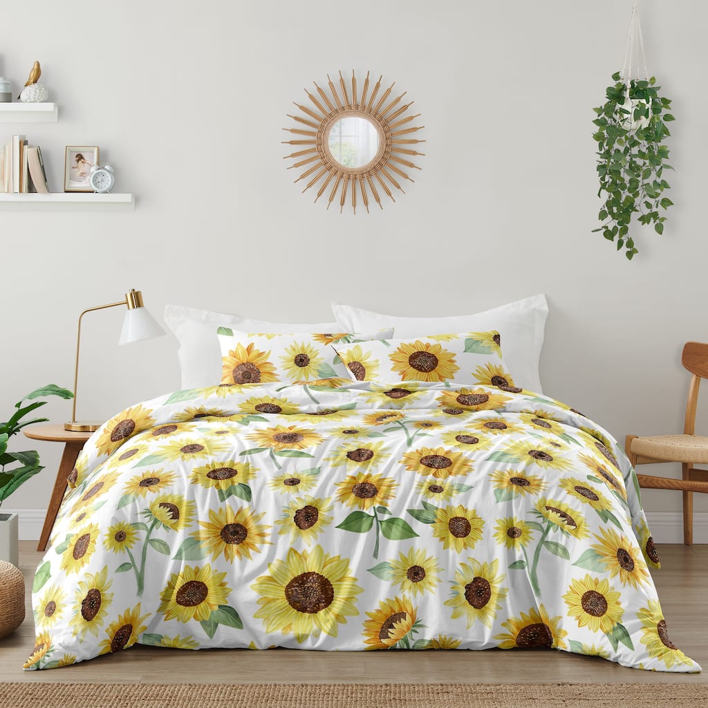 Sweet Jojo Designs Yellow Green White Boho Floral Sunflower Girl 3pc Full Queen-size Comforter Set - Farmhouse Watercolor Flower