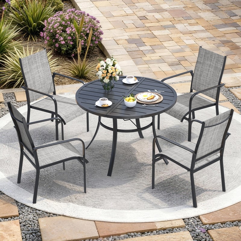 Patio Dining Set, Outdoor Dining Table and Chairs Set with Textilene Chairs, Adjustable Umbrella Hole for Garden, Backyard