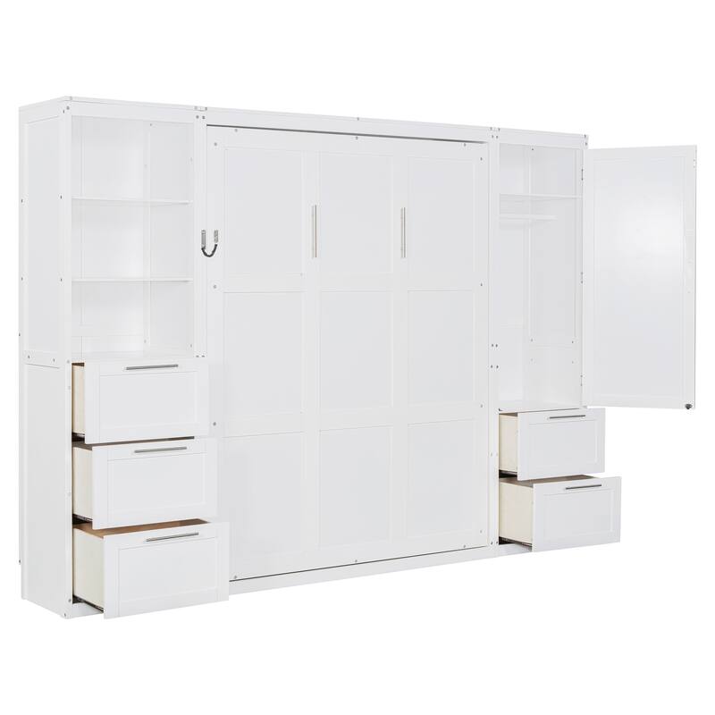 Queen Size Wall Bed with Closet, Drawers, and Shelves in White