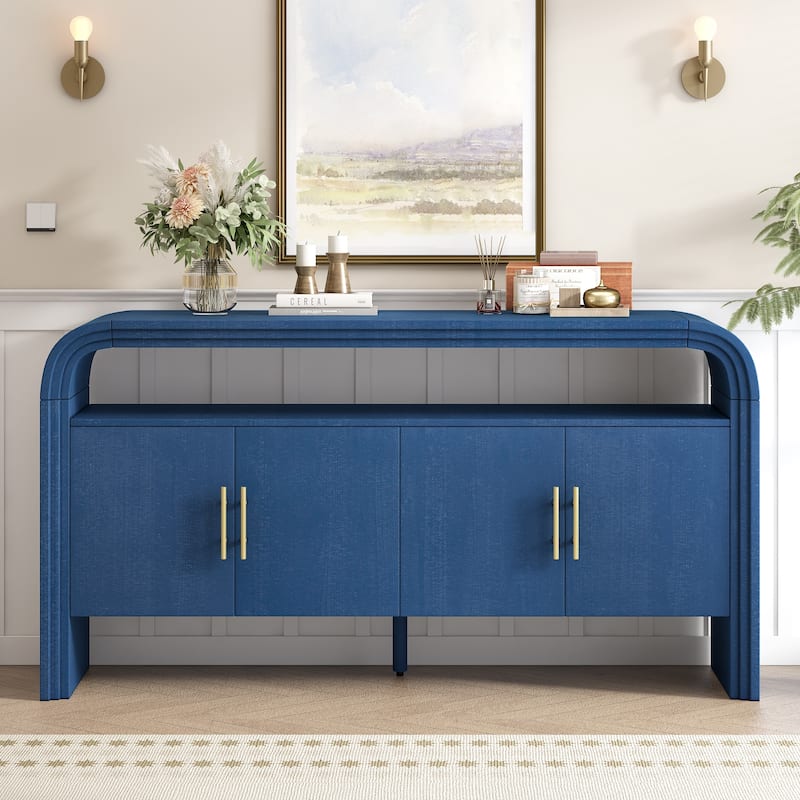 Curved Sideboard with 4 Doors, Wood Accent Entryway Console Table, Freestanding Buffet Cabinet with Open Shelves