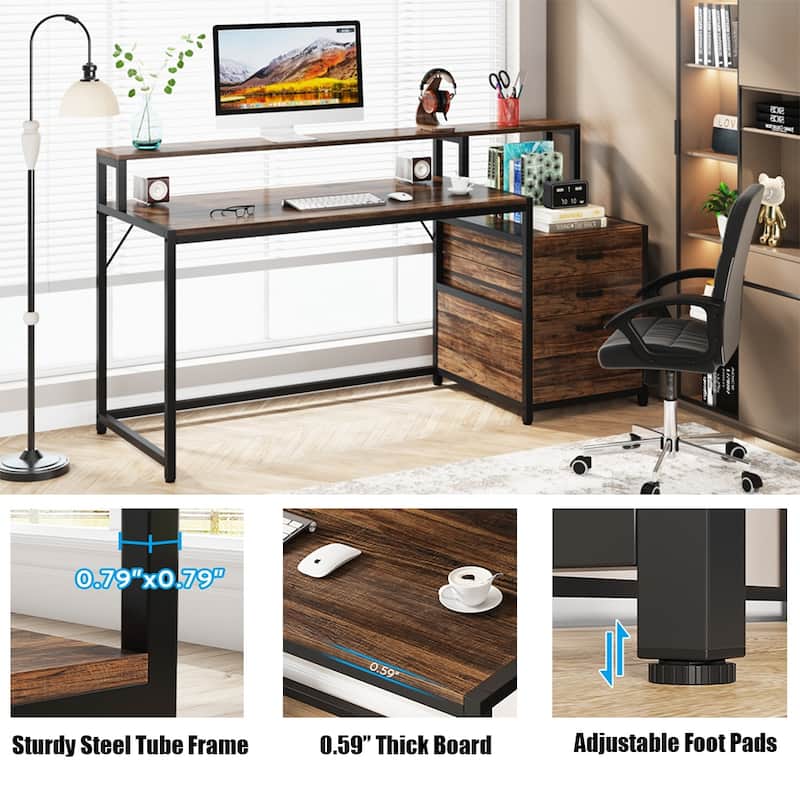 63" Computer Desk with Monitor Stand, Ergonomic Home Office Desks with Drawers File Cabinet