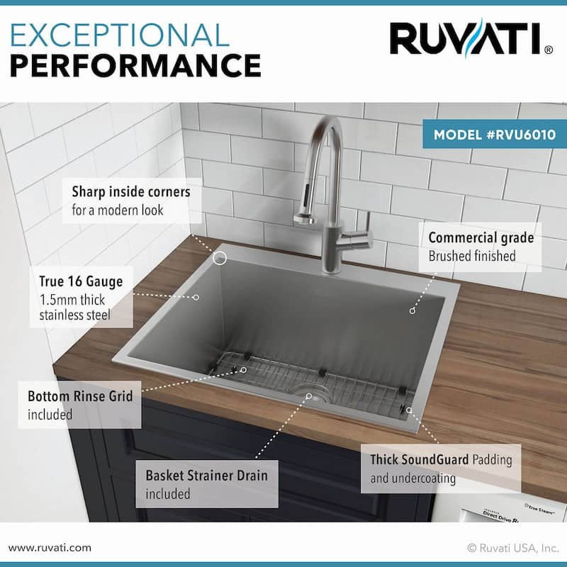 Ruvati Topmount Laundry Utility Sink 25" x 22" x 12" Deep 16 Gauge Stainless Steel - RVU6010 - 25" X 22"