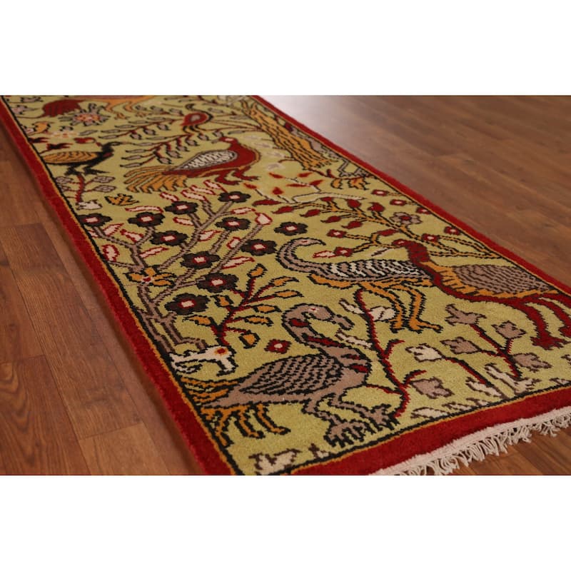 Animals Design Ziegler Indian Runner Rug Hand-Knotted Wool Carpet - 2'6" x 7'11" - Green - 2'6" x 7'11"