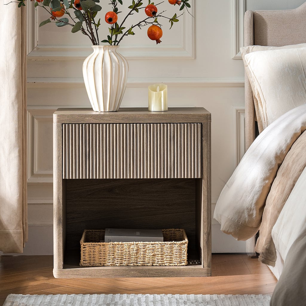 Fluted Bed Side Table End Table Nightstand with Drawer, Ash Brown Corner Table Lamp Table with Open Shelf