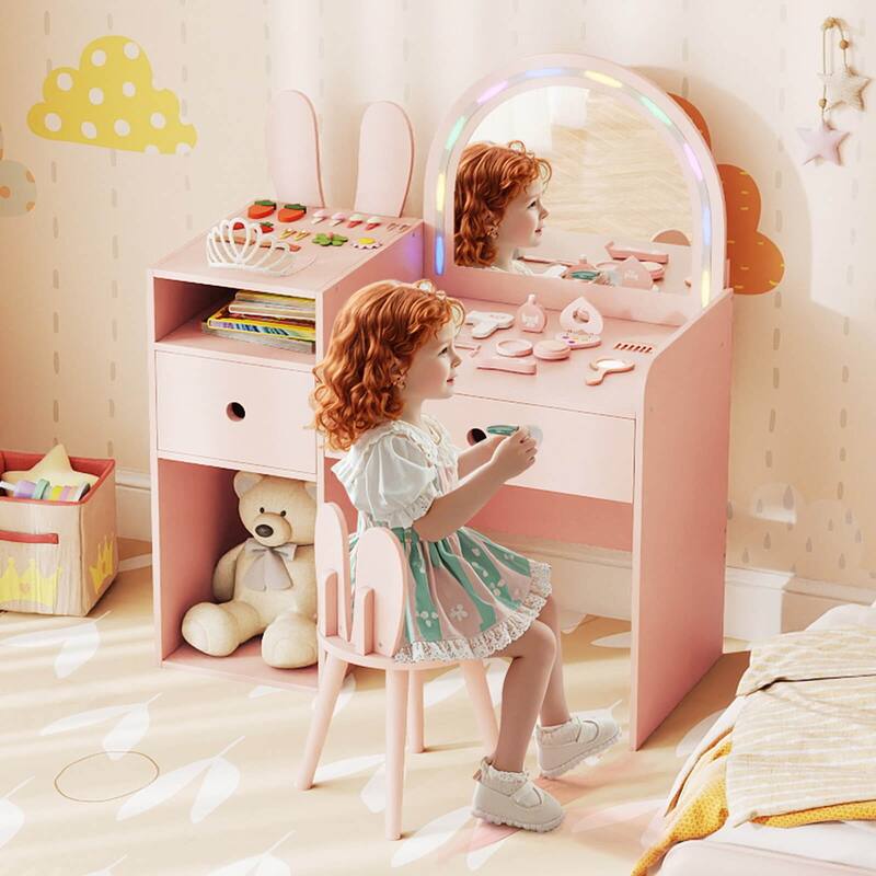 Costway Princess Bunny Makeup Table with Lighted Mirror, Open Shelves - See Details