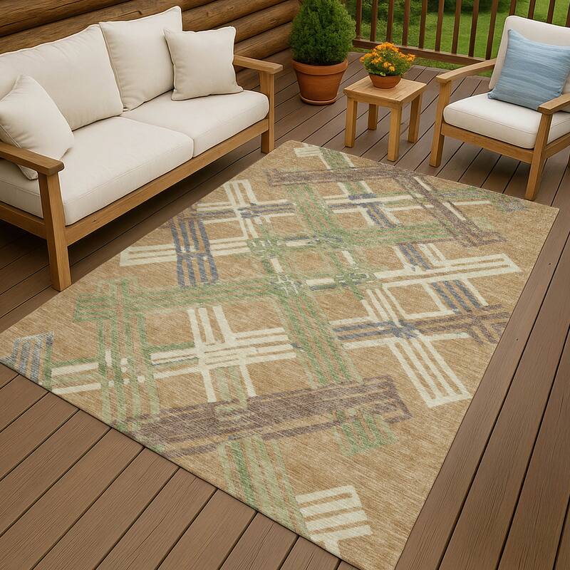 Machine Washable Indoor/ Outdoor Modern Trellis Chantille Rug - Gold - 5' x 7'6"