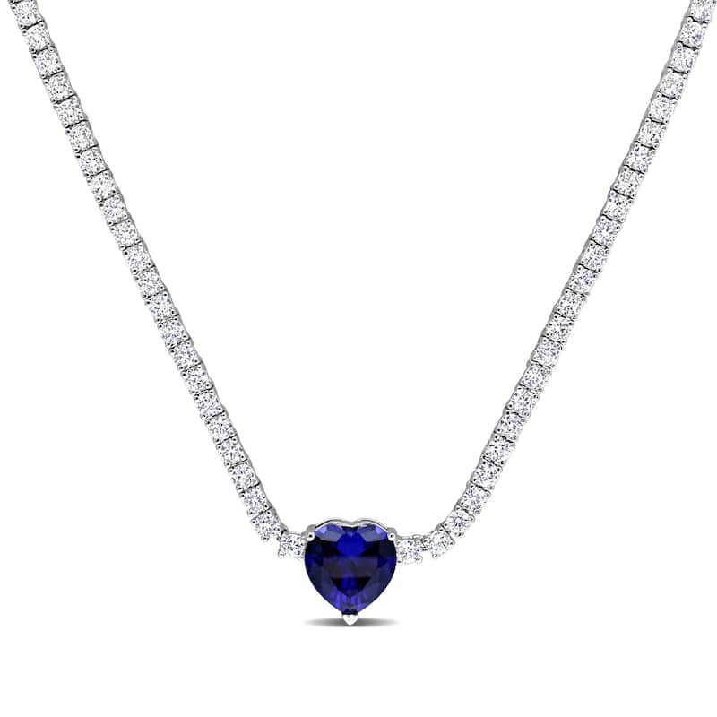 Miadora Created Blue and Created White Sapphire Heart Necklace in Sterling Silver